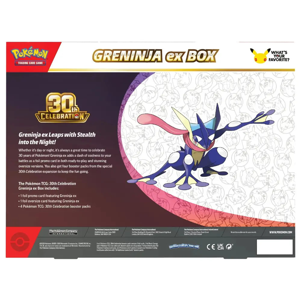 Pokemon 30th Celebration Greninja ex Box – Rückseite mit Inhaltsbeschreibung – bei CardsRfun