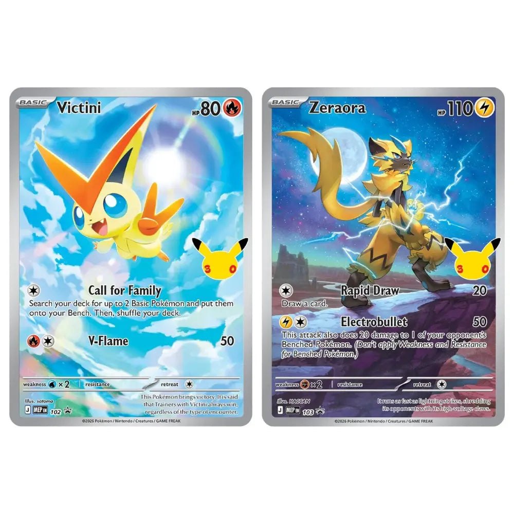 Pokemon 30th Celebration Battle Deck Promos – Victini MEP 102 und Zeraora MEP 103 Illustration Rare – bei CardsRfun