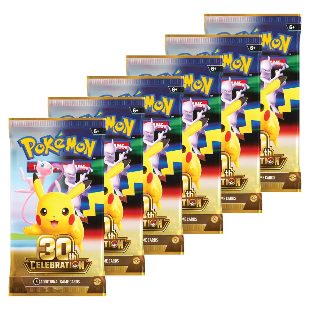 30th Celebration 6 Booster Packs fächerförmig aufgestellt – bei CardsRfun