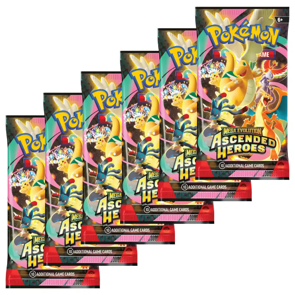 Pokemon Ascended Heroes Booster Bundle – 6 Packs aufgefächert auf weißem Hintergrund