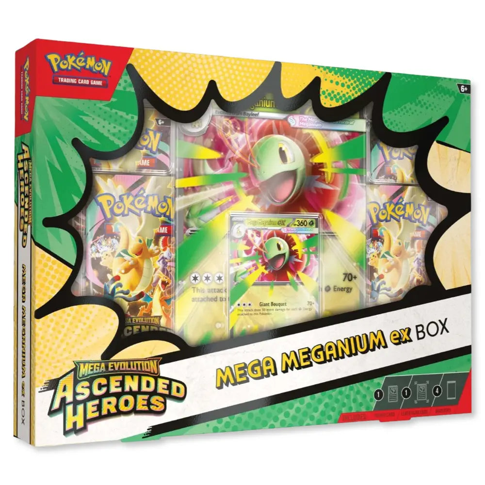 Pokemon Ascended Heroes Mega Meganium ex Box – Frontansicht mit Foil-Promo-Karte, 360 KP, Giant Bouquet und vier Boostern