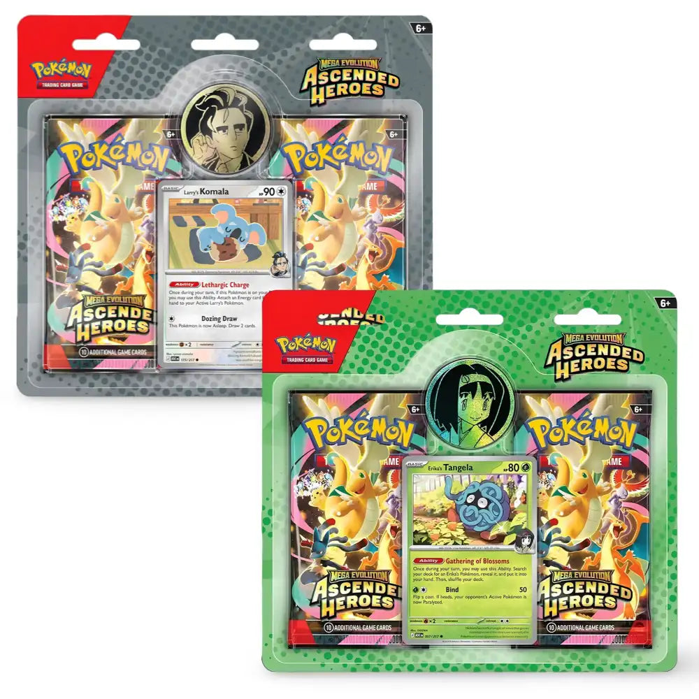 Pokemon Ascended Heroes Collection – Erika-Variante (gruen) mit Tangela-Promo und Larry-Variante (grau) mit Komala-Promo im Vergleich