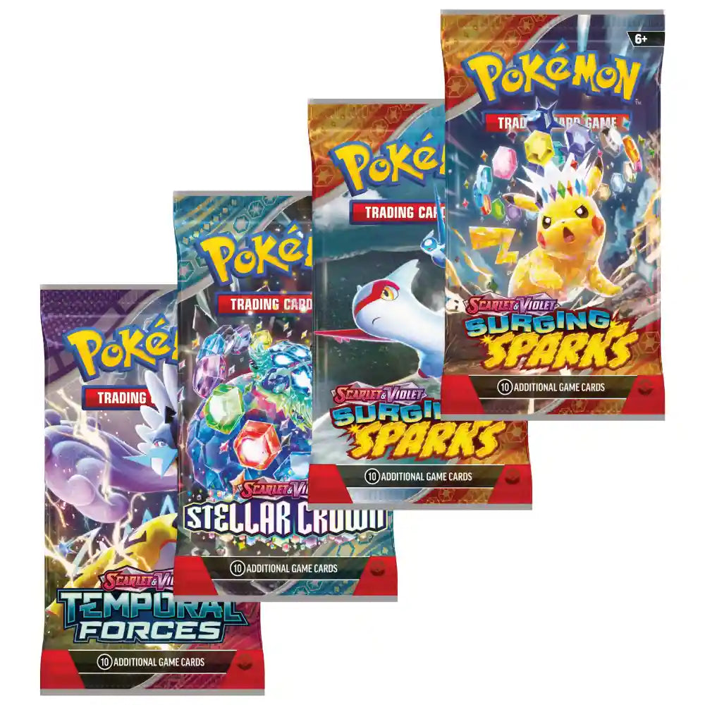 Pokemon Azure Legends Tin – 4 Booster Packs aus Temporal Forces, Stellar Crown und Surging Sparks aufgefaechert