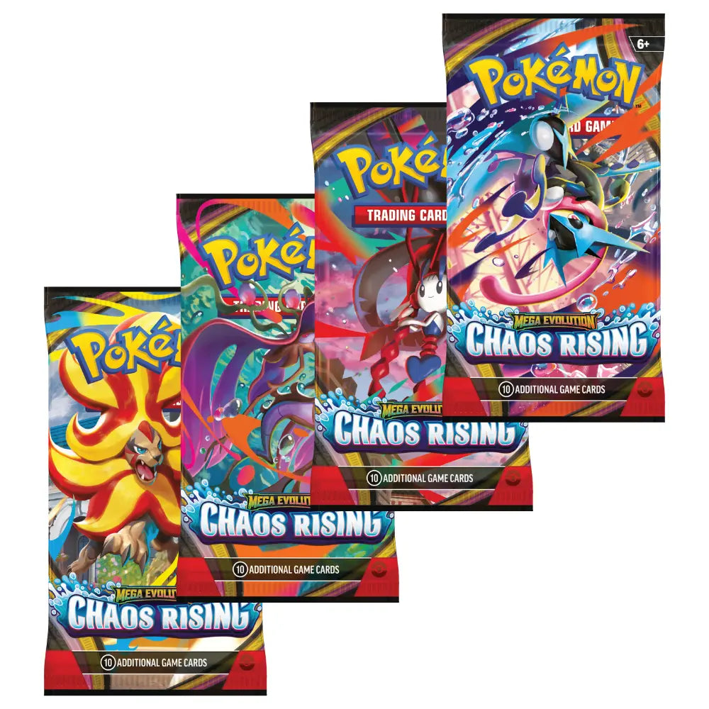 Pokemon Chaos Rising Booster – vier aufgefaecherte Chaos Rising Packs mit verschiedenen Artworks, Mega Evolution