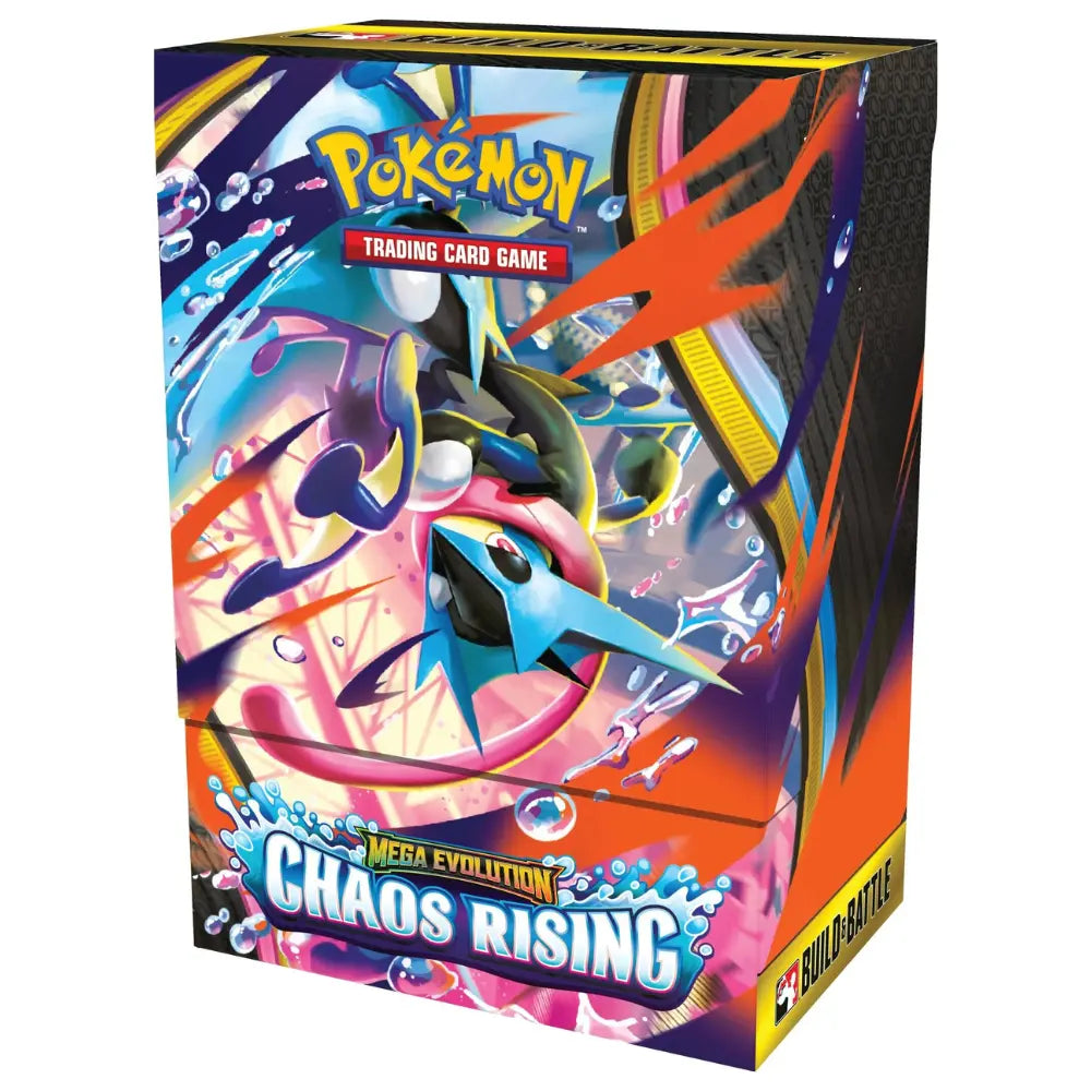 Pokemon Chaos Rising Build & Battle Kit – frontale Schraegansicht mit Mega Greninja ex Artwork und Chaos Rising Schriftzug