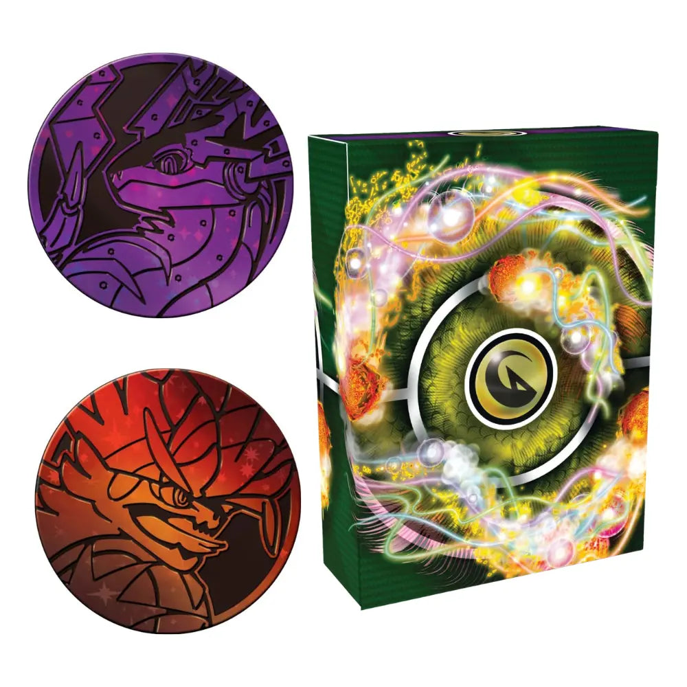 Sammlermünzen Koraidon ex und Miraidon ex sowie Deckbox aus dem Deluxe Kampfdeck – bei CardsRfun