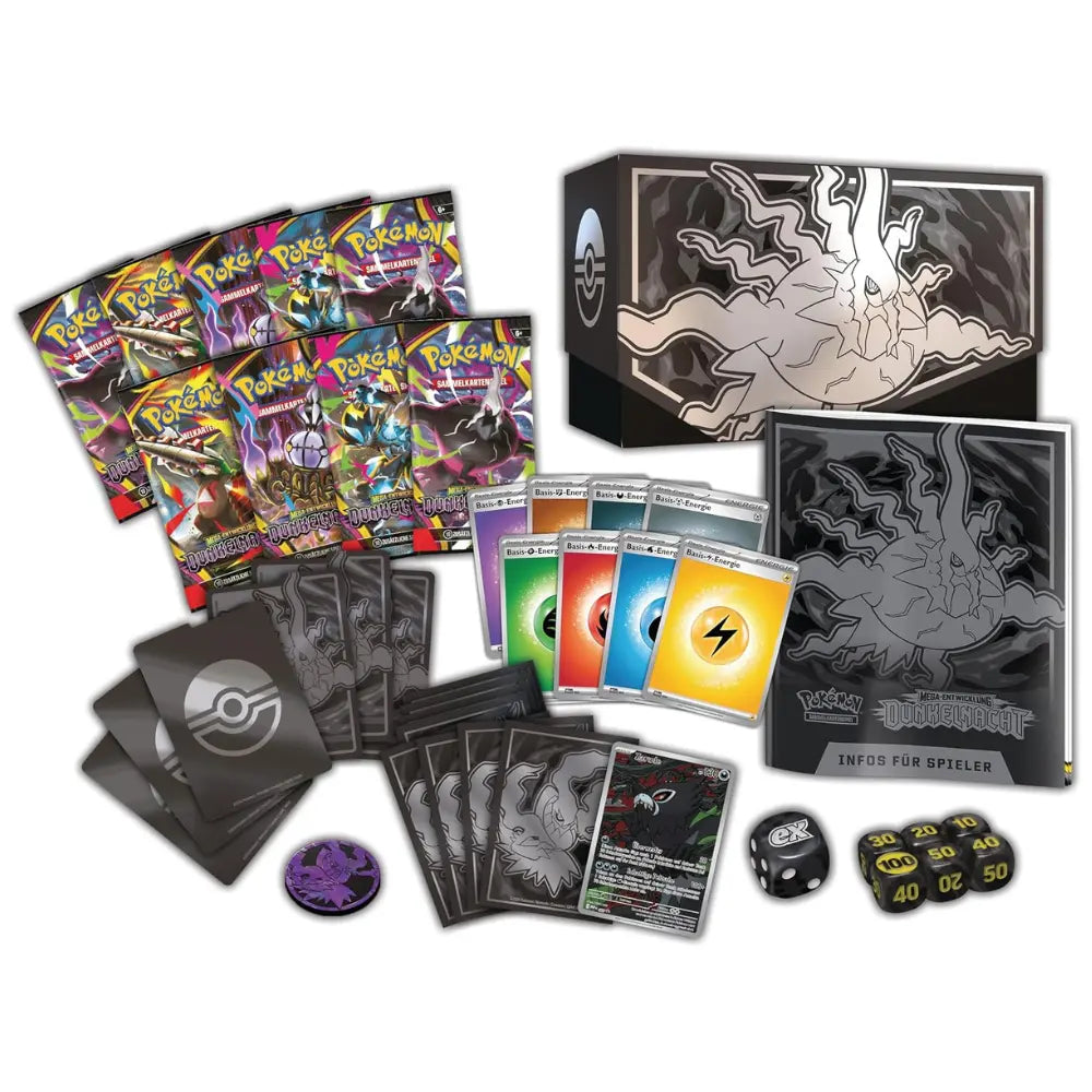 Inhalt der Pokemon Dunkelnacht Top Trainer Box mit Boostern und Zubehör – bei CardsRfun