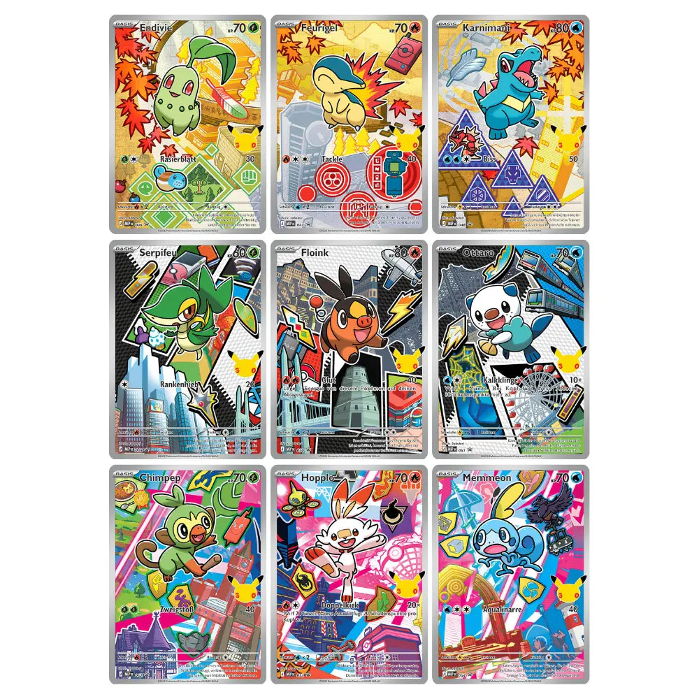 Alle 9 Illustration-Rare-Promo-Starter der Ersten Partner Illustrations-Kollektion Serie 2: Chikorita, Feurigel, Karnimani, Serpifeu, Floink, Ottaro, Chimpep, Hopplo, Memmeon