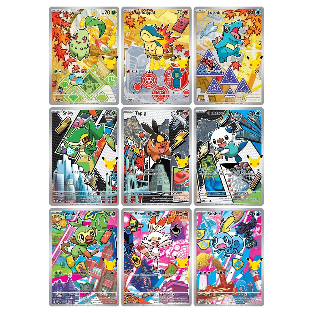 Alle 9 Illustration-Rare-Promo-Starter der First Partner Collection Series 2: Chikorita, Cyndaquil, Totodile, Snivy, Tepig, Oshawott, Grookey, Scorbunny, Sobble