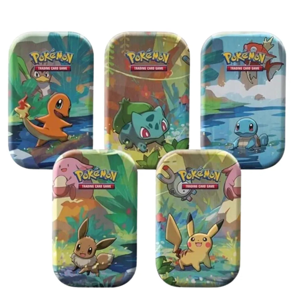 Alle 5 Pokemon Kanto Friends Mini Tins – Glumanda, Bisasam, Schiggy, Evoli und Pikachu auf weißem Hintergrund