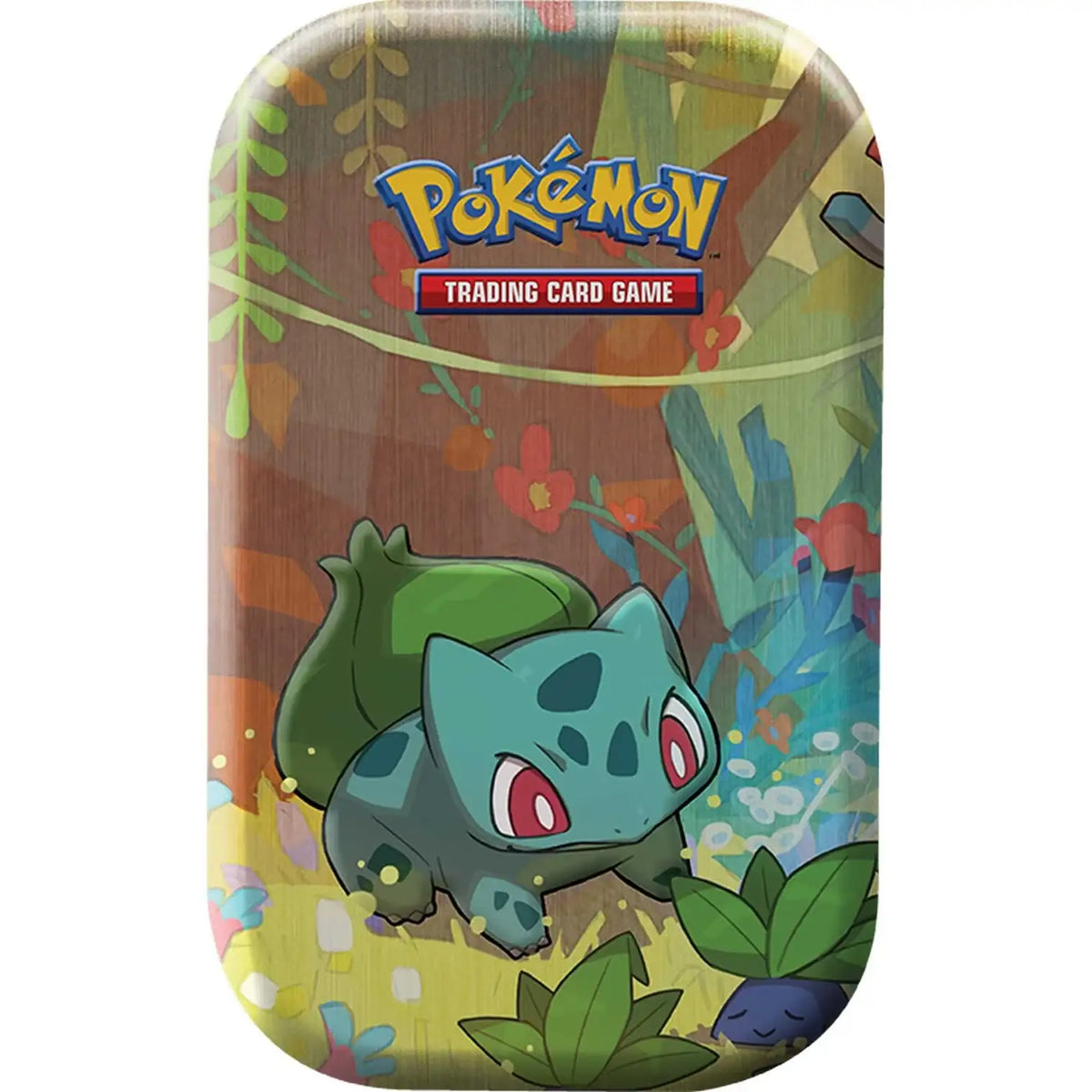 Pokemon Kanto Friends Mini Tin Bisasam – Nahaufnahme mit warmem Wald-Artwork