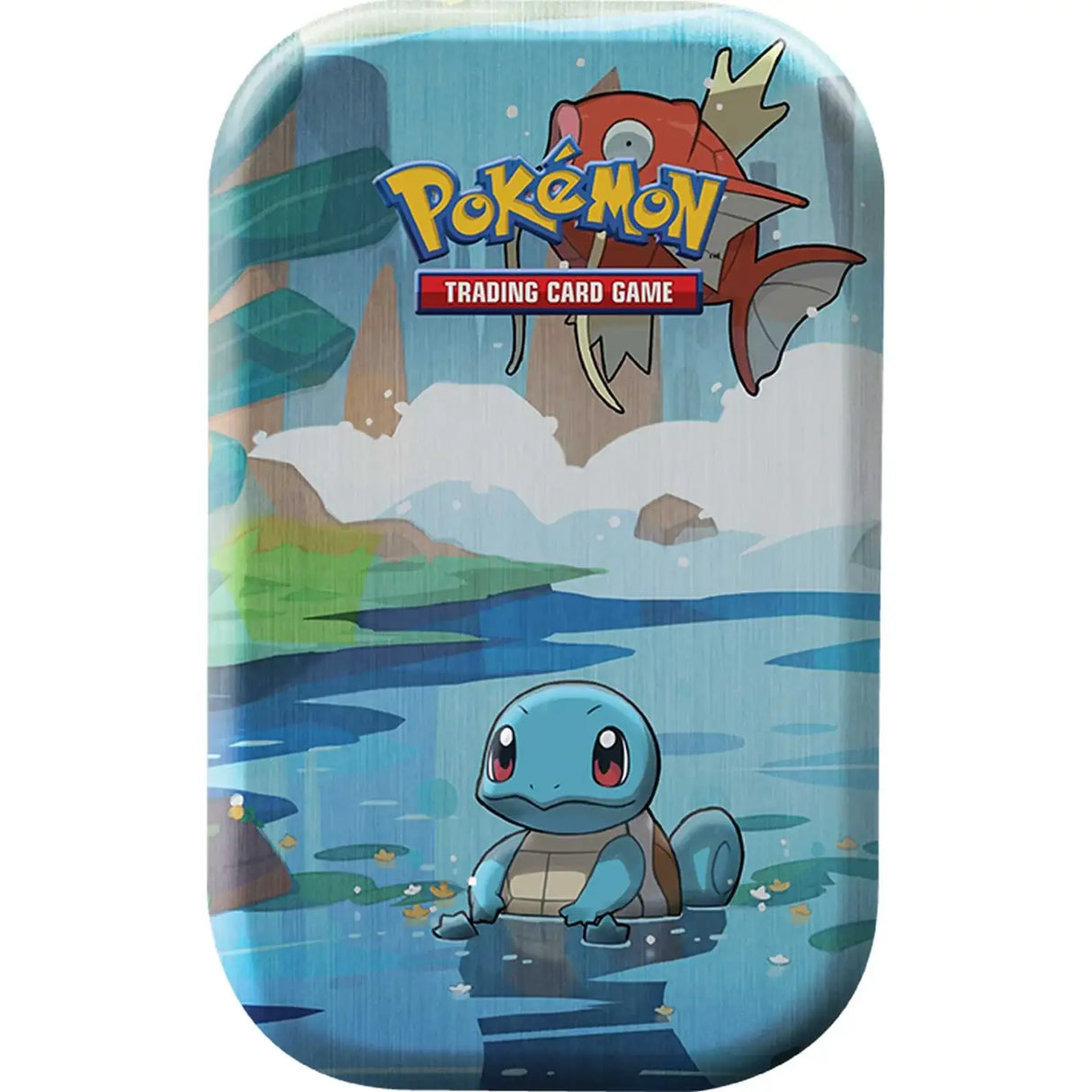 Pokemon Kanto Friends Mini Tin Schiggy – Nahaufnahme mit Garados auf blauem Wasser-Artwork