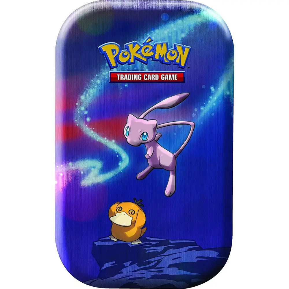Pokemon Kanto Power Mini Tin Mew und Enton – Nahaufnahme auf tiefblauem Hintergrund
