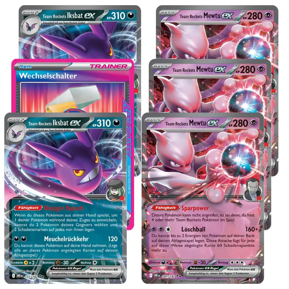 Pokemon Liga Kampfdeck Team Rockets Mewtu ex – Alle 6 Holo-Karten: 3x Mewtu ex, 2x Iksbat ex, Wechselschalter Ace Spec