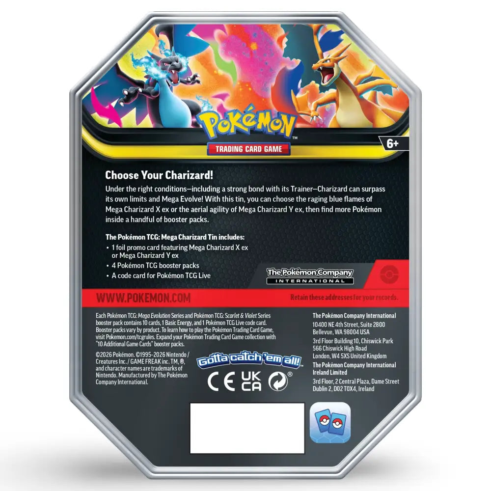 Pokemon Mega Charizard Tin Rückseite – Inhalt: 1 Foil Promo, 4 Booster, TCG Live Code Card