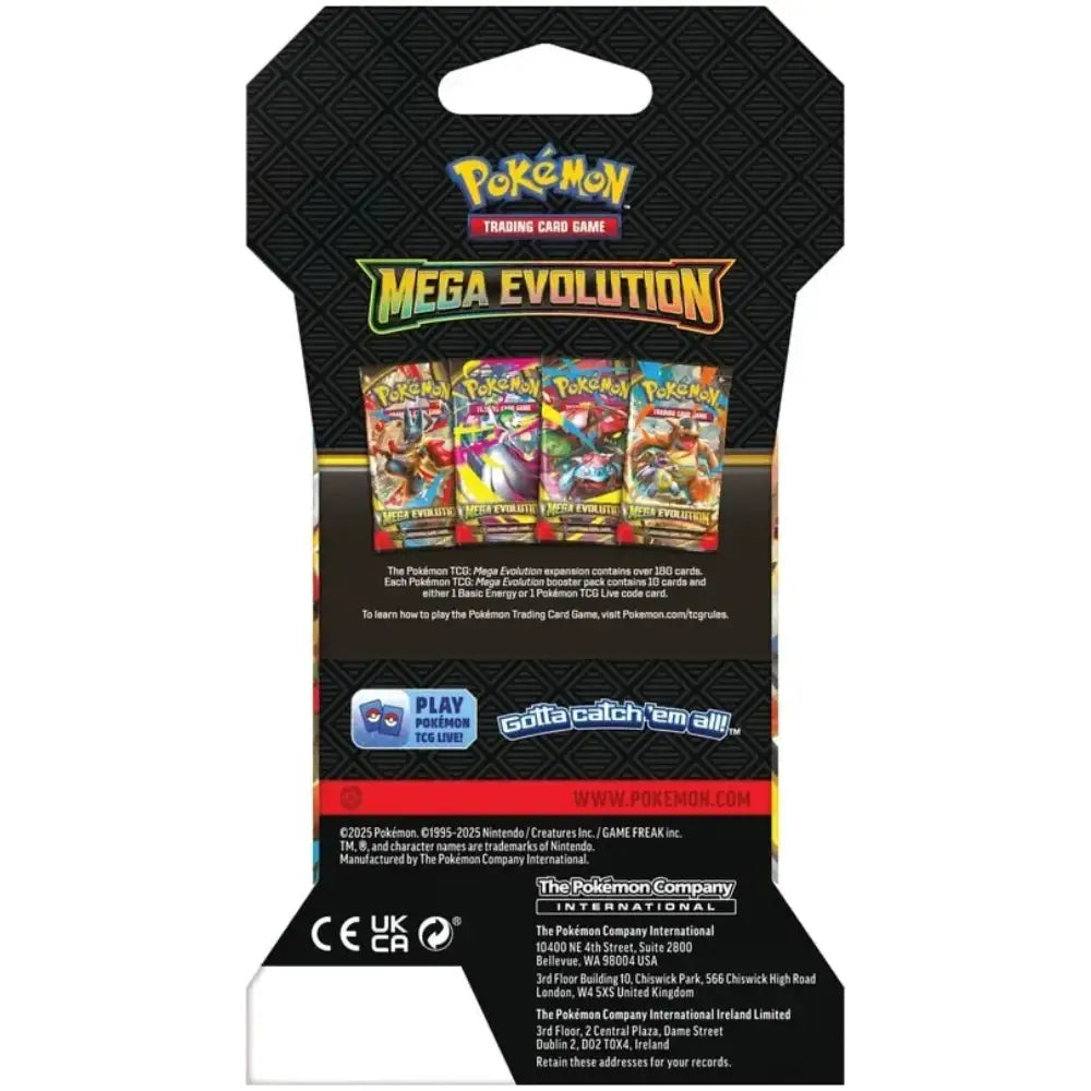 Pokemon Mega Evolution Sleeved Booster Rueckseite – Alle 4 Artwork-Varianten im Ueberblick, 180 Karten im Set, 10 Karten pro Pack