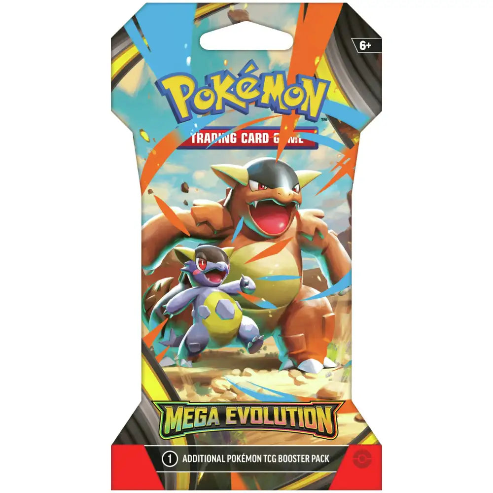 Pokemon Mega Evolution Sleeved Booster – Mega Kangaskhan Artwork-Variante, orange-blaues Design mit Kangaskhan und Kleinem
