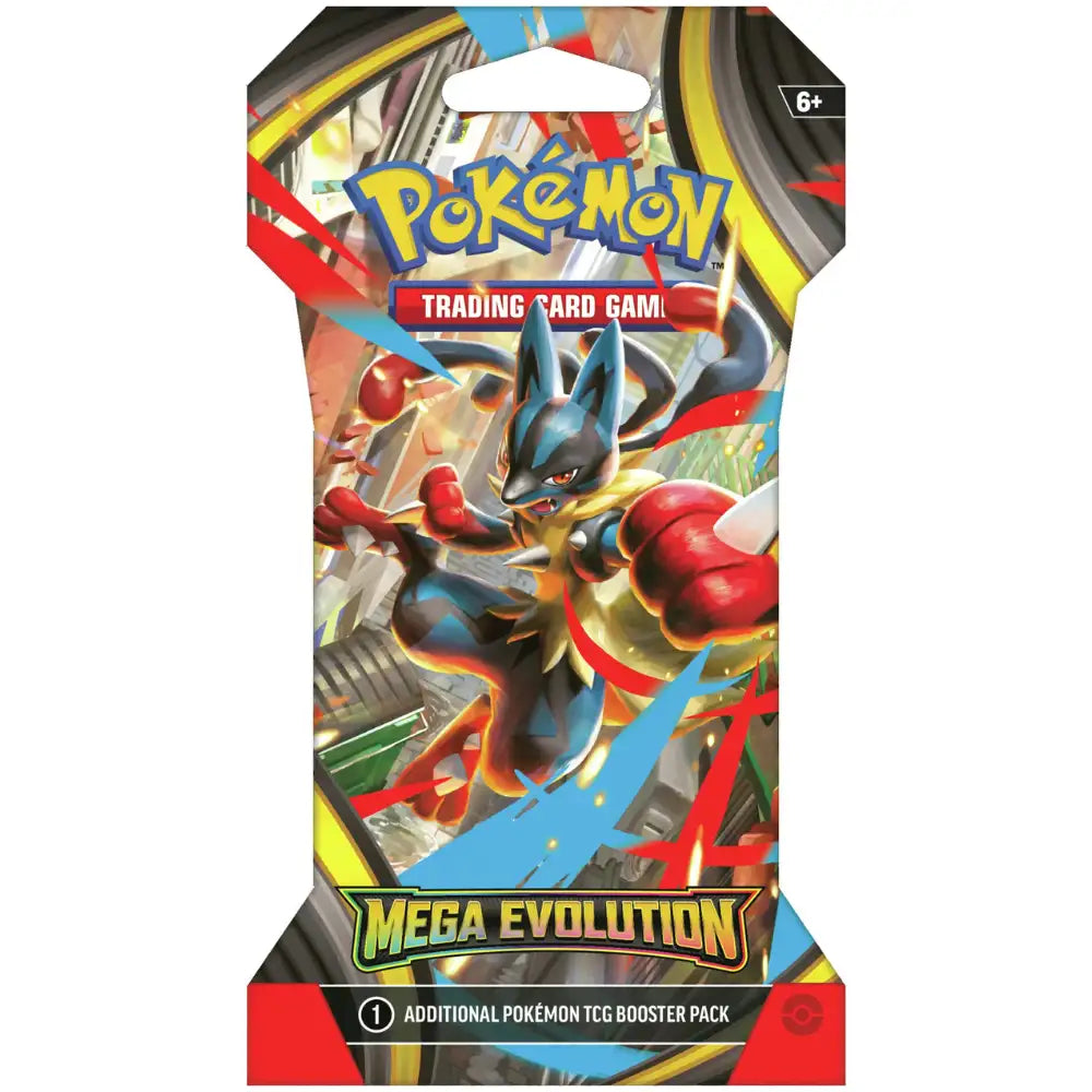 Pokemon Mega Evolution Sleeved Booster – Mega Lucario Artwork-Variante, rot-blaues Kampf-Design mit Action-Pose