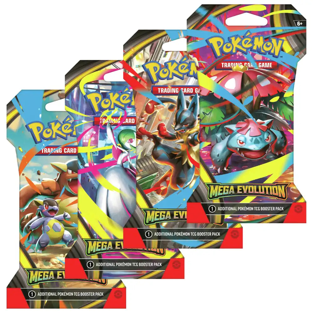 Pokemon Mega Evolution Sleeved Booster – drei Varianten gefaechert: Mega Kangaskhan, Mega Lucario und Mega Venusaur Artwork