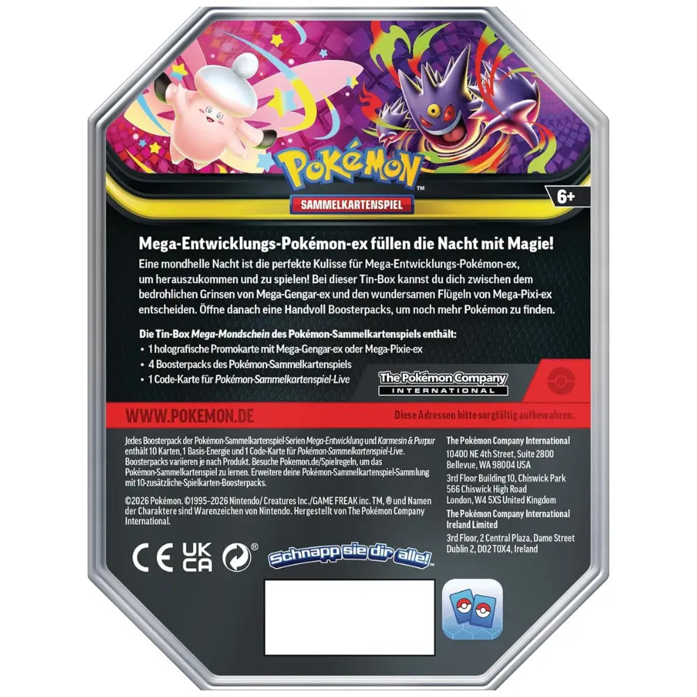 Pokemon Mega Mondschein Tin Rückseite – Inhalt: holo Promo, 4 Booster, TCG Live Code, DE