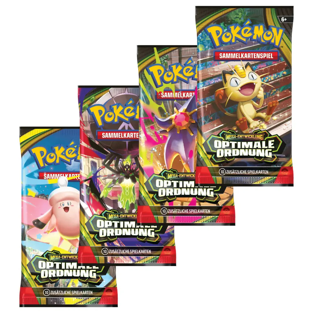 Pokemon Optimale Ordnung Booster DE – vier aufgefaecherte Booster-Packs mit Mega Clefable, Ariados, Starmie und Meowth-Artwork, Mega-Entwicklung