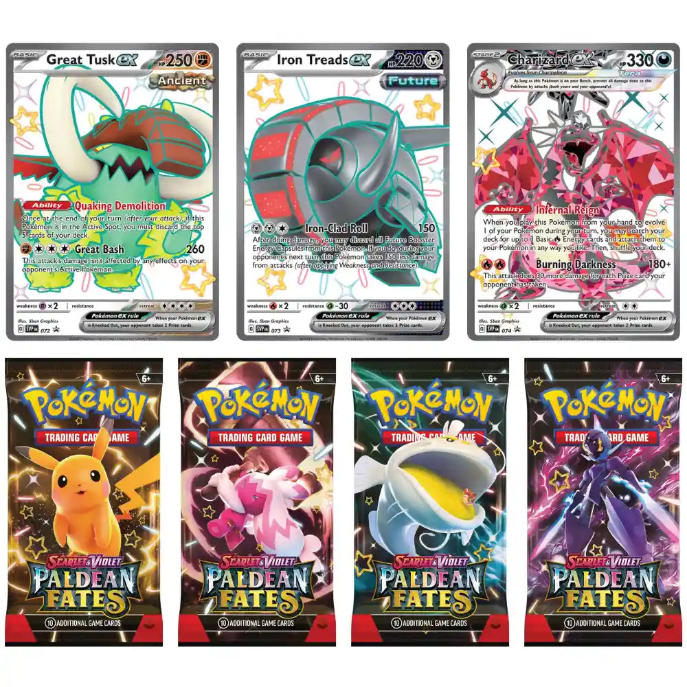 Pokemon Paldean Fates Tin Inhalt – Alle 3 Shiny Full-Art Promo-Karten und 4 Paldean Fates Booster Packs