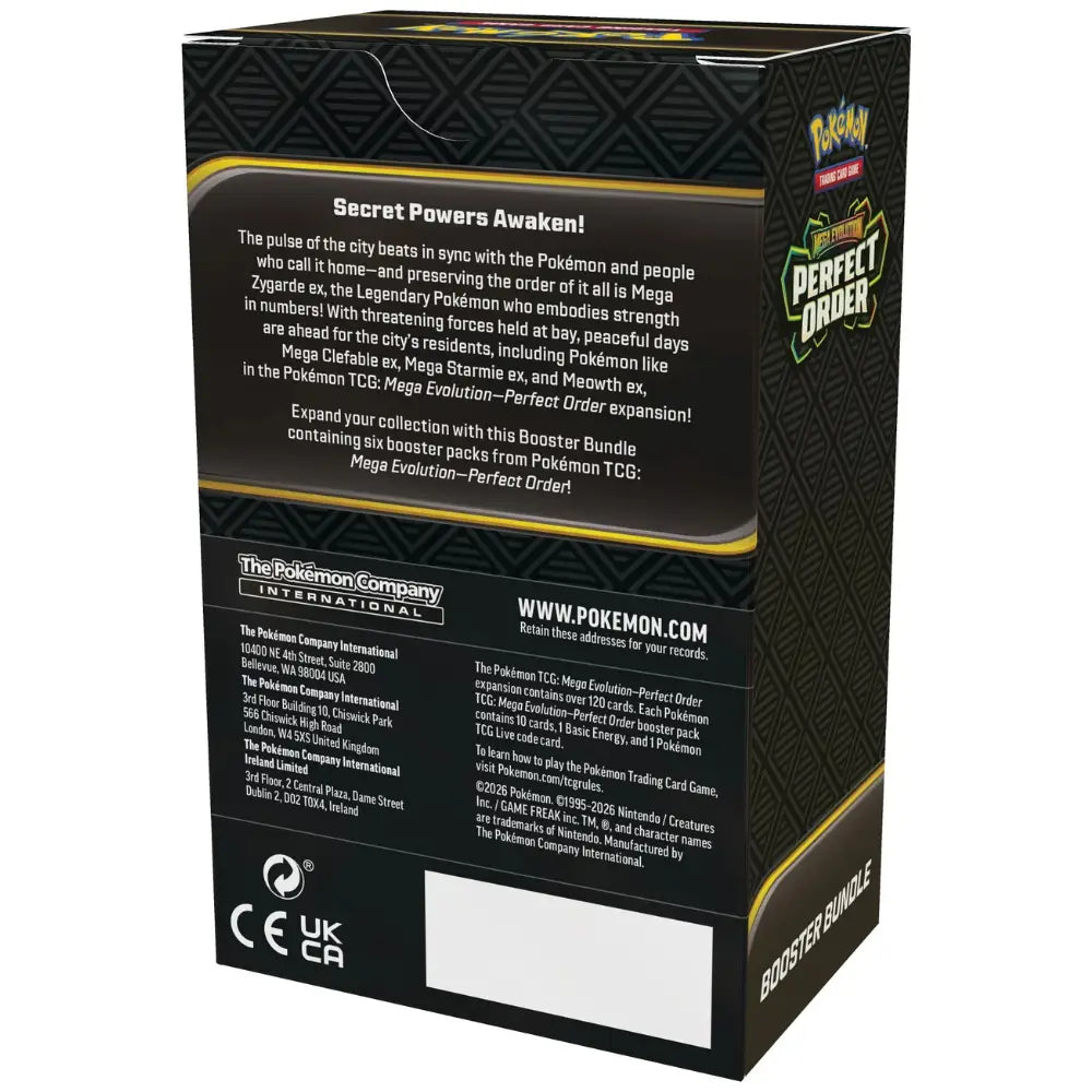 Pokemon Perfect Order Booster Bundle – Rueckseite der Box mit Secret Powers Awaken Text und Mega Zygarde ex, Mega Clefable ex, Mega Starmie ex Beschreibung