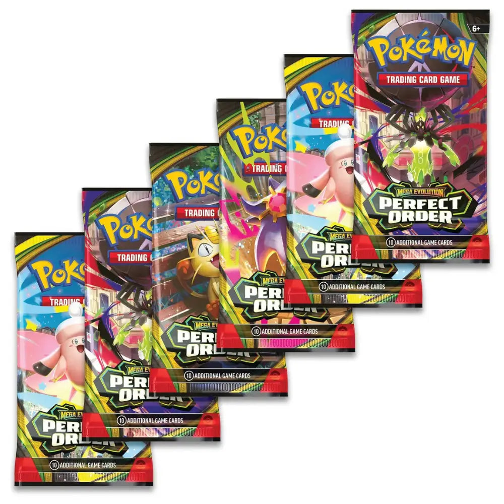 Pokemon Perfect Order Booster Bundle – sechs aufgefaecherte Booster-Packs mit Meowth, Clefable und Ariados-Artwork auf schwarzem Hintergrund