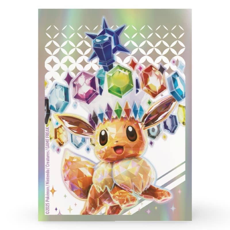 Pokemon Prismatic Evolutions ETB – holografische Kartenhuelle mit Eevee und prismatischen Edelsteinen, eine von 65