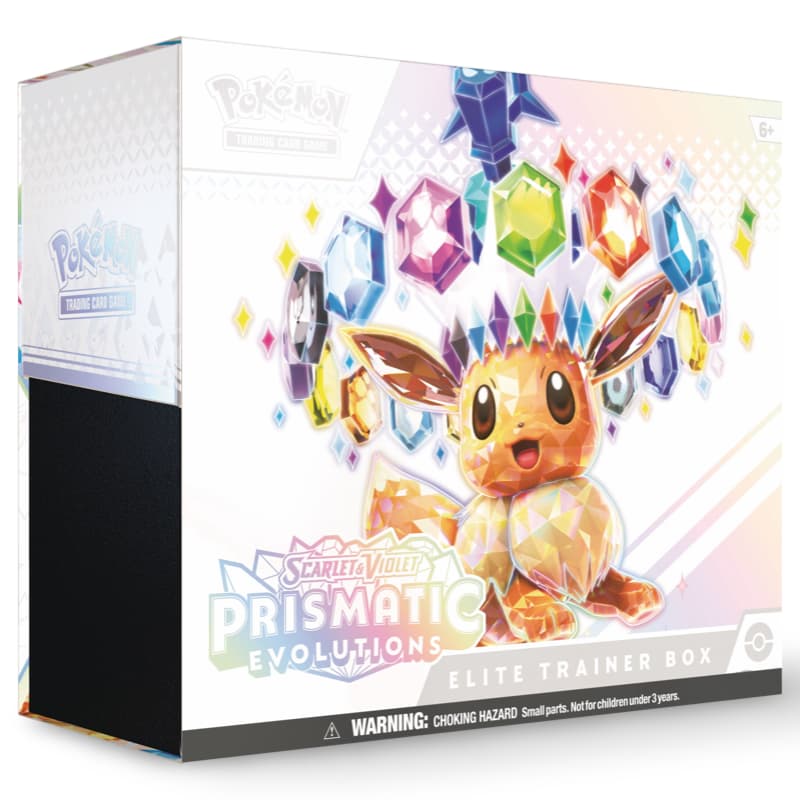 Pokemon Prismatic Evolutions Elite Trainer Box – Frontansicht mit Eevee und prismatischen Edelsteinen