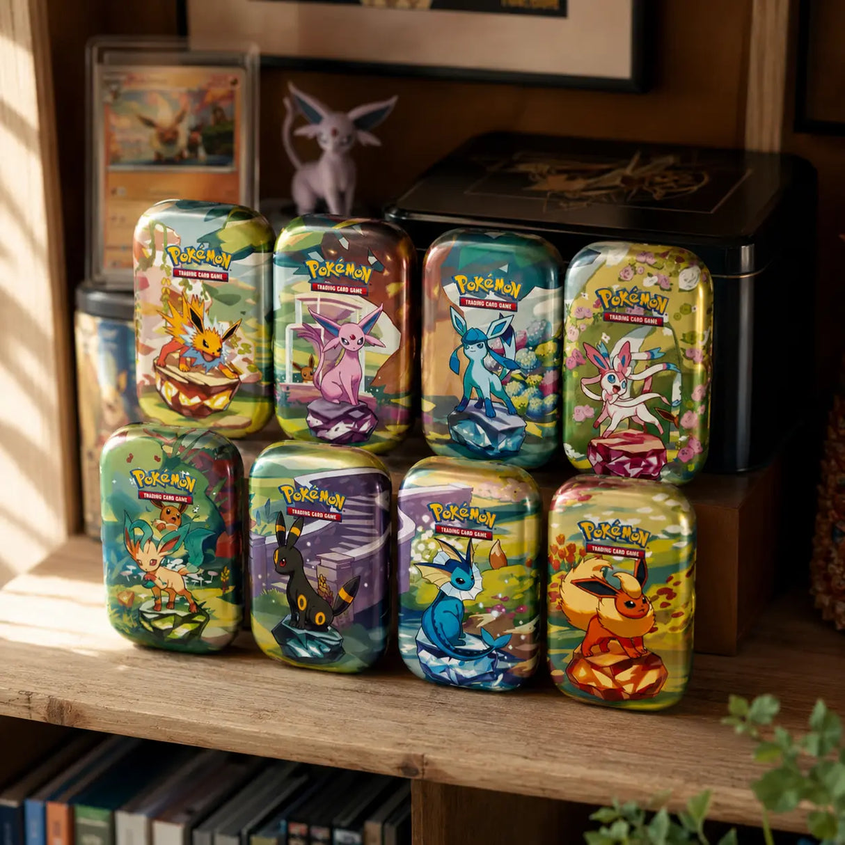 Alle 8 Prismatic Evolutions Mini Tins im Regal – Sammlungsübersicht bei CardsRfun