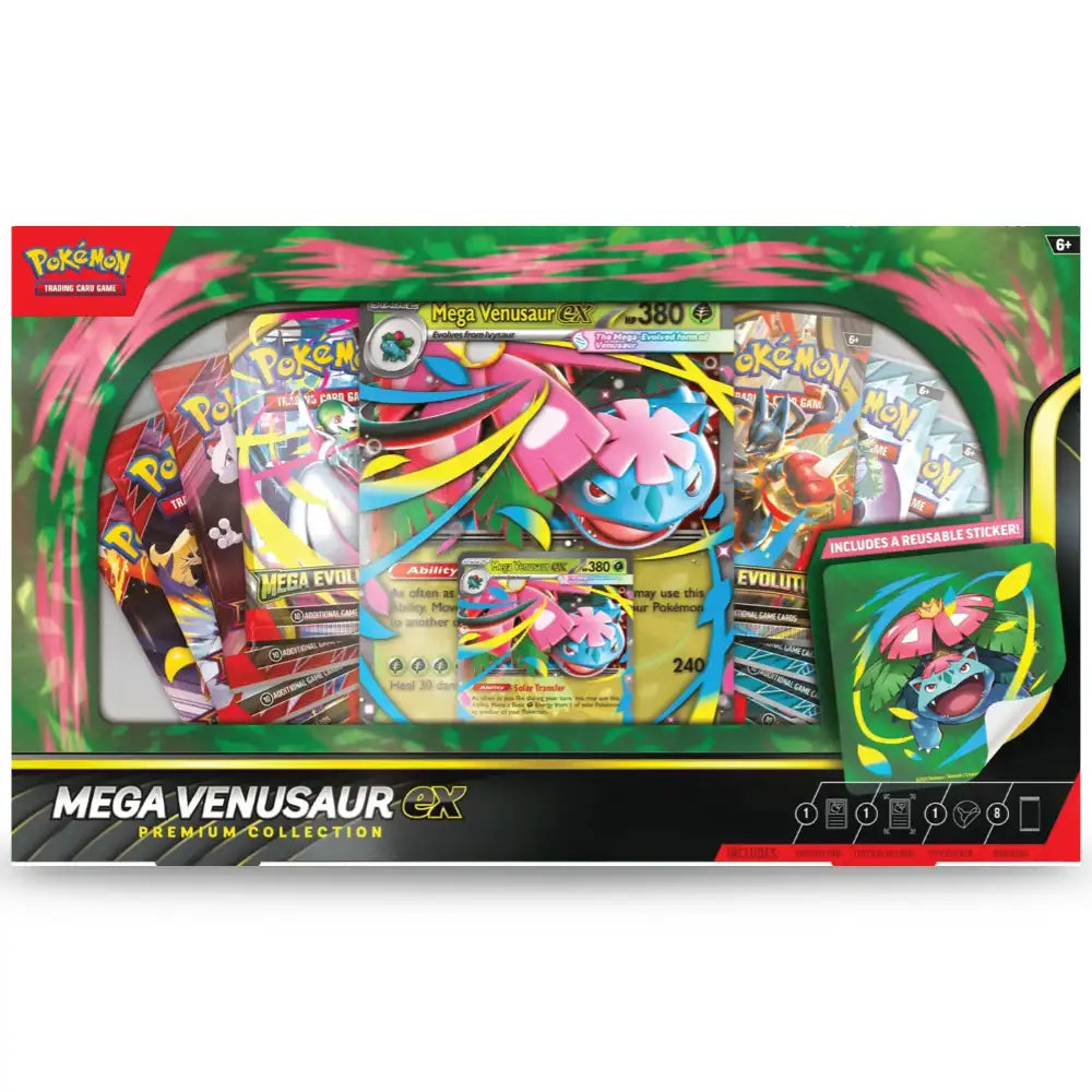 Pokemon Mega Venusaur ex Premium Collection – direkte Frontansicht der Box mit allen sichtbaren Inhalten