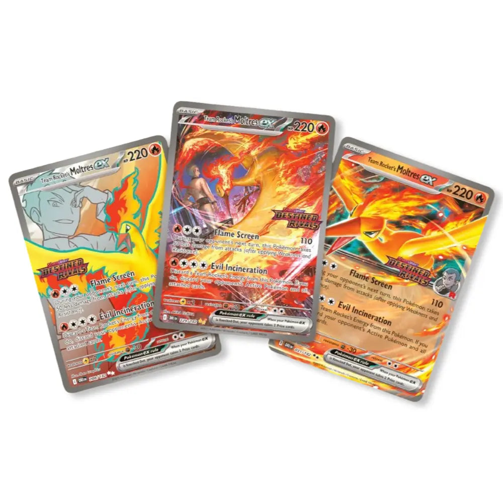 Team Rocket's Moltres ex Promo-Karten DRI 031, DRI 208 und DRI 229 mit Destined-Rivals-Stempel