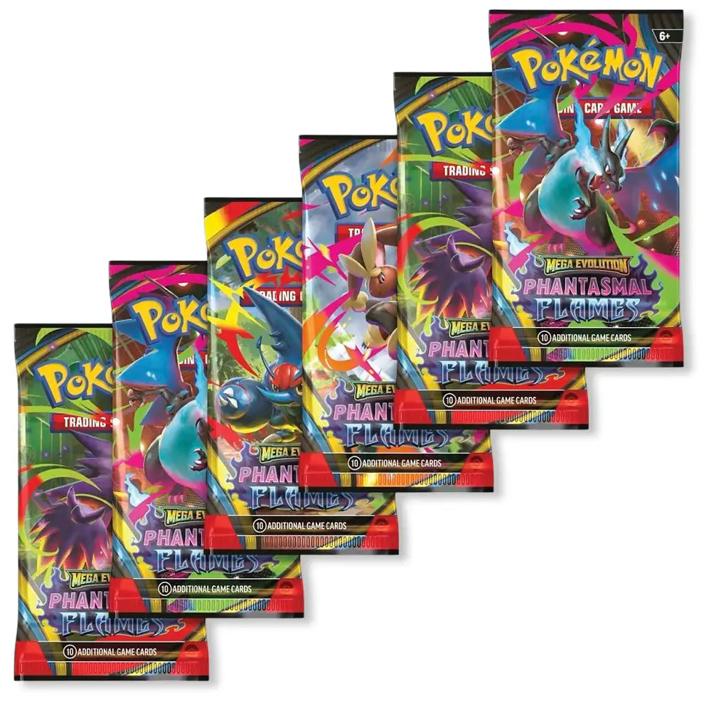 Pokemon Phantasmal Flames – 6 einzelne Booster Packs mit verschiedenen Artworks auf weißem Hintergrund