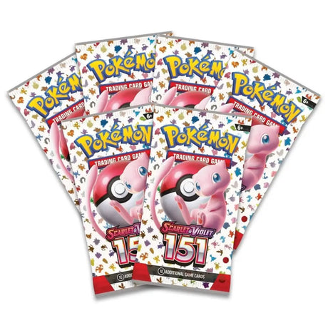 Pokemon 151 Booster Bundle – 6 Booster Packs aufgefächert mit Mew-und-Pokeball-Artwork
