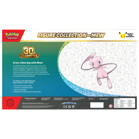 Pokemon 30th Celebration Figure Collection Mew – Box-Rückseite mit Inhalt Foil-Promo MEP 105 Oversize Figur 5 Booster – bei CardsRfun