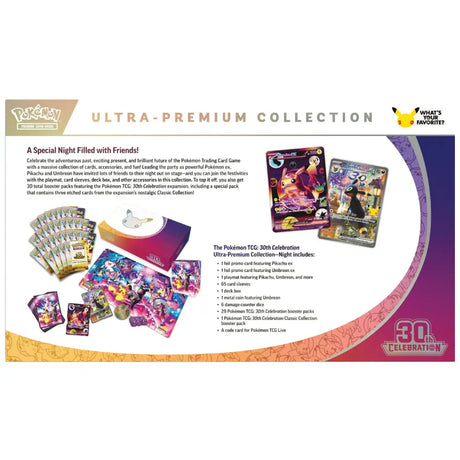 Pokemon 30th Celebration Ultra-Premium Collection Night – Box-Rückseite mit vollständiger Inhaltsliste – bei CardsRfun