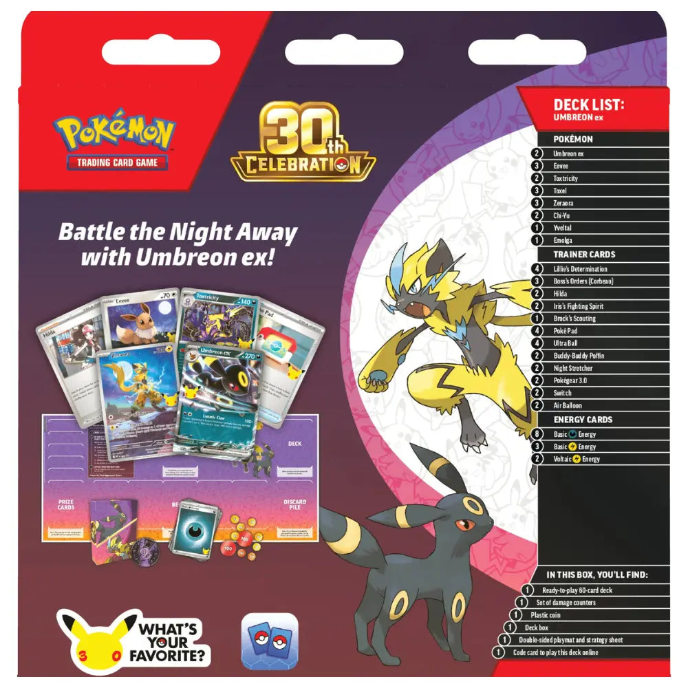 Pokemon 30th Celebration Battle Deck Umbreon ex – Box-Rückseite mit vollständiger Deckliste – bei CardsRfun