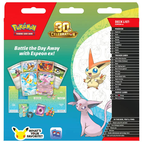 Pokemon 30th Celebration Battle Deck Espeon ex – Box-Rückseite mit vollständiger Deckliste – bei CardsRfun