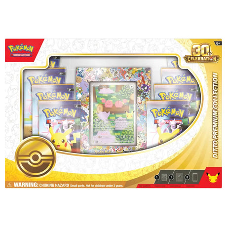 Pokemon 30th Celebration Ditto Premium Collection – Box-Frontansicht mit Ditto-Promo und Boostern – bei CardsRfun