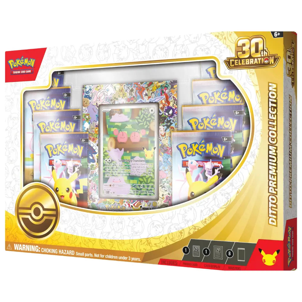 Pokemon 30th Celebration Ditto Premium Collection – Box Schrägansicht mit Ditto und 30th Celebration Logo – bei CardsRfun