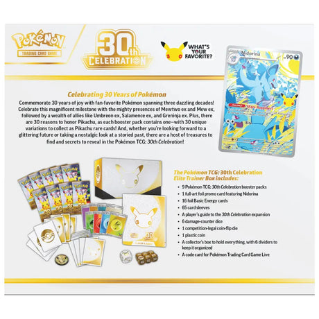 Pokemon 30th Celebration Elite Trainer Box – Rückseite mit vollständiger Inhaltsliste und Nidorina MEP 101 – bei CardsRfun