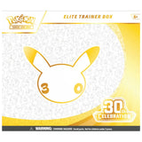 Pokemon 30th Celebration Elite Trainer Box – Box-Front weiß-gold mit Pikachu-Silhouette – bei CardsRfun