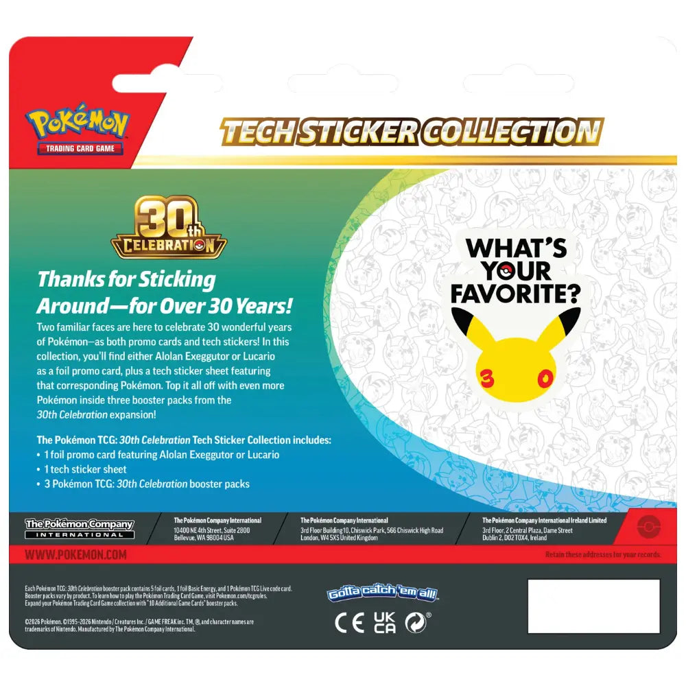 Pokemon 30th Celebration Tech Sticker Collection Rückseite mit Inhalt Alolan Exeggutor oder Lucario – bei CardsRfun