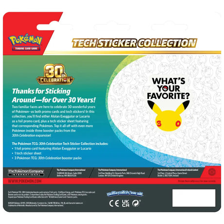 Pokemon 30th Celebration Tech Sticker Collection Rückseite mit Inhalt Alolan Exeggutor oder Lucario – bei CardsRfun