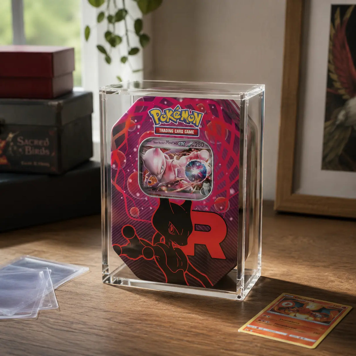 The Acrylic Box Tin Box Pokemon – Team Rockets Mewtu ex Tin im Acrylcase auf Holztisch, Lifestyle mit Pflanzen und Buecher