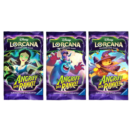Lorcana Angriff der Ranke Booster Packs – drei verschiedene Designs, Sulley, Winnie Puuh, Schurkin