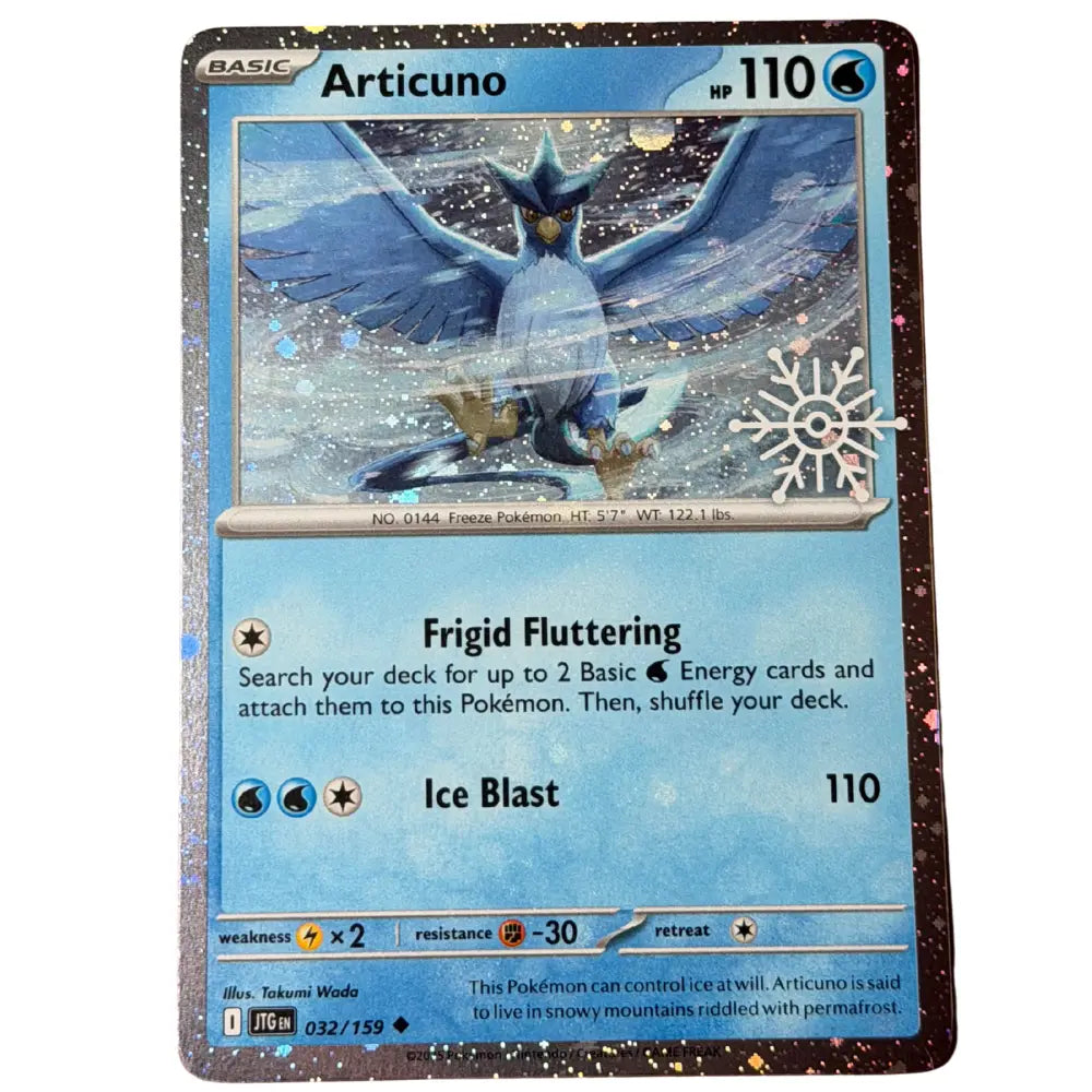 Pokemon Articuno JTG 032/159 mit Schneeflocken-Stempel und Cosmos Holo – saisonaler Winter-Promo aus Journey Together, Near Mint, Englisch