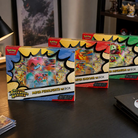 Pokemon Ascended Heroes – alle drei Mega ex Boxen (Feraligatr, Emboar, Meganium) auf einem Schreibtisch mit Gengar-Figur im Hintergrund