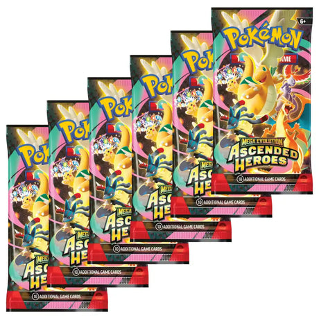 Pokemon Ascended Heroes Booster Bundle – 6 Packs aufgefächert auf weißem Hintergrund
